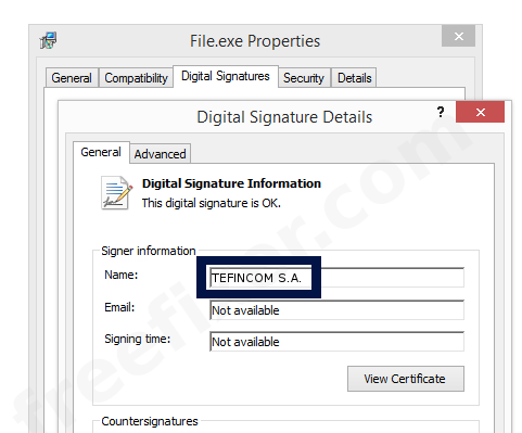 Screenshot of the TEFINCOM S.A. certificate